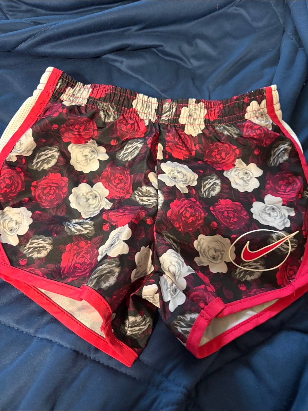 Nike Girls Black Floral Athletic Shorts with Red & White Roses